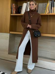 Cardigan Lungo a Collo Alto Marrone di Alta Qualità per Ufficio e Uso Quotidiano, Affidabile con Spacco Frontale, Morbido e Caldo in Maglia - Product Image 5