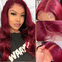 Wig Rambut Asli Body Wave 99J Merah, Wig Rambut Asli Lace Front Warna Burgundy Piano, Wig HD Lace Front untuk Wanita Kulit Hitam