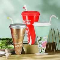 Gobelet en plastique PP écologique de 1100 ml, 2-en-1 pour collation et boisson avec paille, design moderne