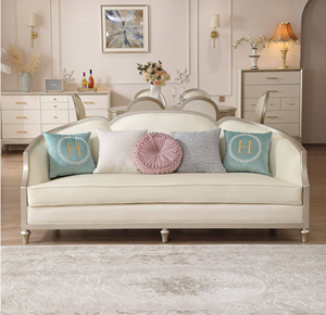 Elegante Juego de Sofás para Sala de Estar en Color <span class=keywords><strong>Crema</strong></span> Blanco, Estilo Provincial Francés, Reposabrazos Curvos, Juego de Muebles Tapizados de 3+2+1 Plazas - Product Image 4