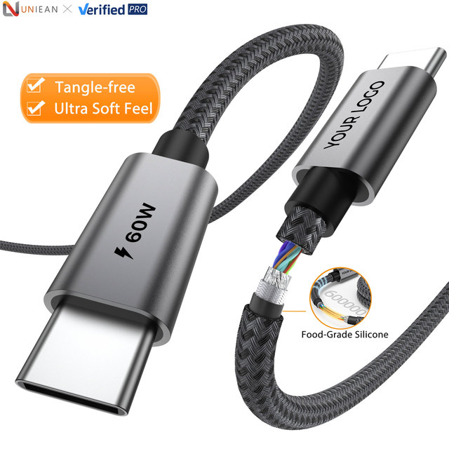 UNIEAN Factory Wholesale 2.0 Braided Silicone Cable USB C to c 3A Type-c Fast Charging Cable Data Cables for iphone to Android