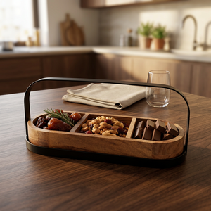 Plateau de service en bois à 3 compartiments avec poignée en métal pour les collations, les fruits secs, les noix, les apéritifs, le fromage et la présentation des aliments sur la table - Product Image 3