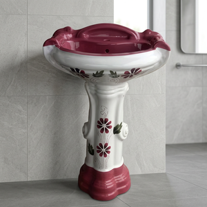 Lavabo sur pied en céramique monobloc à motif fantaisie, design moderne pour centre commercial et sous-sol - Product Image 3