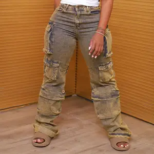 Goedkope Trendy Dames Nieuwe Mode Multi Pocket Losse Denim Jeans Hotcargo Broek Stijl Vrouwen Street Wear Voor Vrouwen