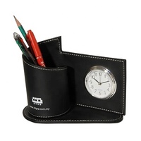 Porte-stylos et crayons en cuir PU LG-B015B avec horloge, organiseur de bureau, boîte de rangement pour accessoires de bureau, noir