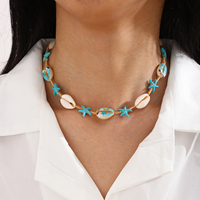 Collier artisanal Runcheng en turquoise, étoile de mer et coquillage cauris, thème vie marine, tricoté à la main, réglable, pour femme, usage quotidien