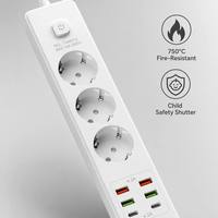 Regleta de alimentación al por mayor con logotipo personalizado, estándar europeo Schuko, de cobre y ABS, 10A, 3 tomas, cable de extensión, 4 USB, 2 USB C PD de carga rápida y protección contra sobretensiones.