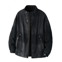 Veste en jean ample et délavée style vintage pour homme, col montant, fermeture éclair, dégradé de couleurs