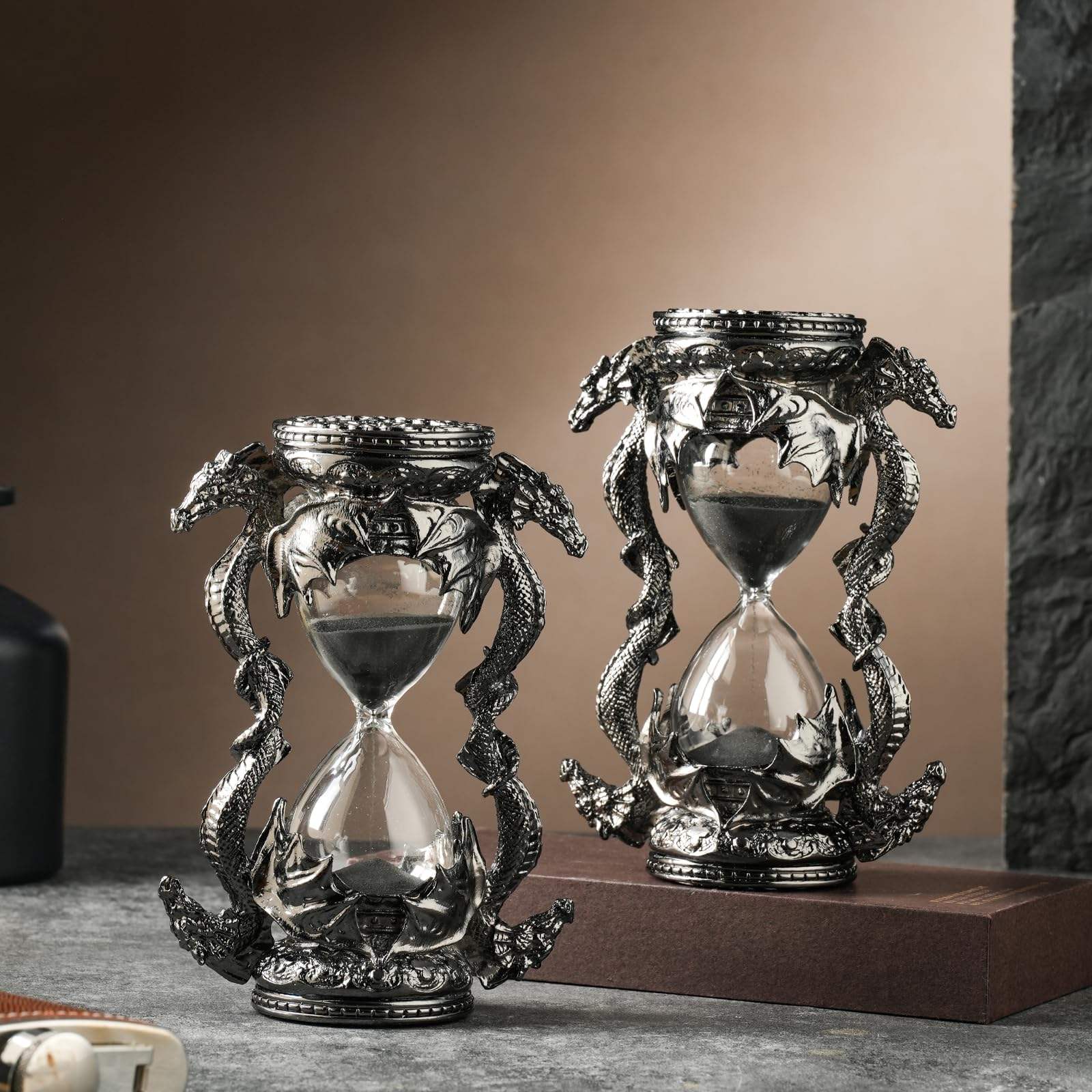 XinZhiRun Gothic Dragon Hourglass 6in 15min, Black Fantasy Sand Timer Vintage Desk Decor Statue Gift
