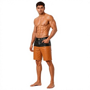 Shorts Bermuda en Cuir Bicolore pour Homme Marron Noir Taille Moyenne Boutons Décontracté Écologique Imperméable Coupe-Vent avec Poches - Product Image 1