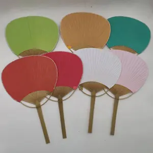 Stock Solid Color Japanese style Handmade Bamboo Round Paper Paddle Fan for Wedding Gift and Event