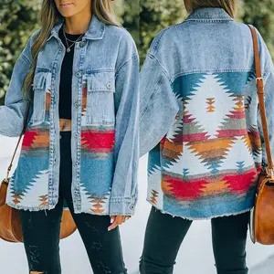 Sonbahar kış kadın's AZTEC yaka cep Denim dikiş yaka cep Denim Shacket paneli yün Vintage ceket