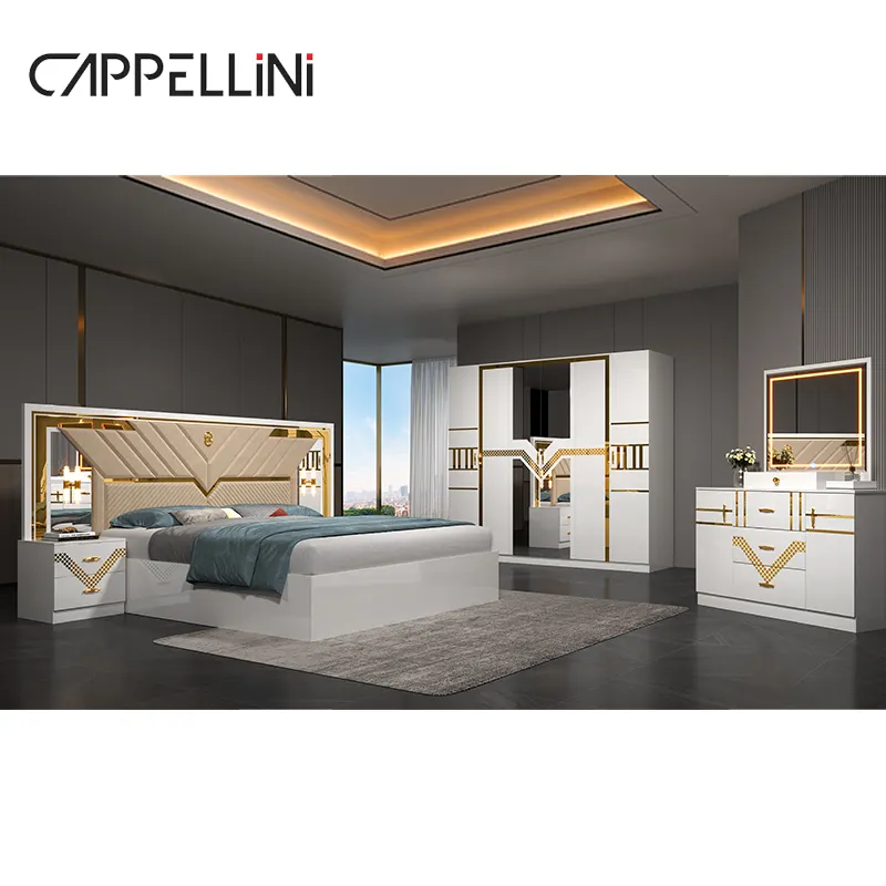 2024 nuovo Design in legno camera da letto in pelle doppia Suite di lusso moderno Set completo a buon mercato 5 pezzi Mdf mobili per la casa Set camera da letto