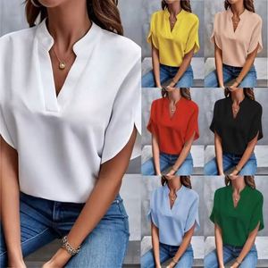 Wholesale Women's Spring Autumn Casual Vintage Chiffon Stand Collar Regular Fit Half Sleeve Outwear Shirt <b>Top</b> Front Logo - Product Image 1