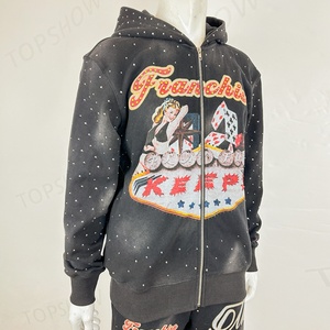 Sweat à capuche surdimensionné vintage personnalisé avec graphisme diamant, en tissu French Terry, sans poche, sans cordon, effet délavé au soleil, avec fermeture éclair et strass - Product Image 2