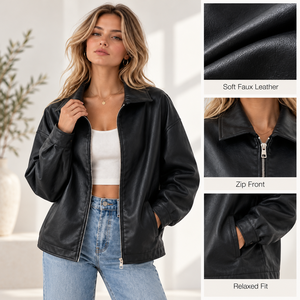 Chaqueta de cuero sintético oversize personalizada para mujer, con cuello vuelto, cremallera completa, manga larga, ajuste holgado, negra, estilo casual urbano, tipo moto. - Product Image 2