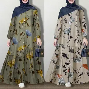 Vintage Moslim Bedrukte Jurk Dames Lente Zomerjurk 2022 Casual Lange Mouwen Bloemen Abaya Maxi Vestidos Gewaad