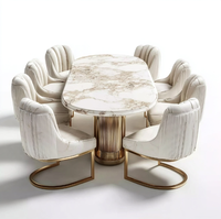 Table et chaises de salle à manger en rotin naturel OE HOME, style moderne et luxueux, plateau en marbre, 6/8 places, en pierre frittée