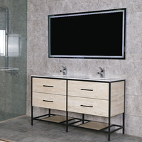 Meuble-lavabo autoportant avec double vasque en céramique, structure en métal noir, armoire en PVC, miroir rétroéclairé par LED pour maison, villa, appartement