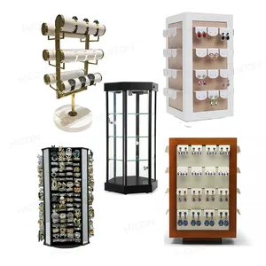 Einzelhandel Benutzer definierte Luxus Weiß Rotierende Ohrringe Glas Metall Holz Holz Samt Set Counter Organizer Schmuck Display Rack