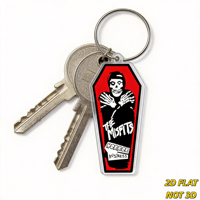 Porte-clés en acrylique en forme de cercueil avec le texte Misfits Horror Business, design gothique rouge et noir pour clés ou sacs