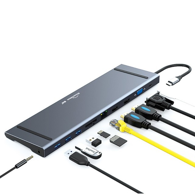 11 In 1 USB C Type C Hub Adapter with 2 HDTV 4K VGA USB 3.0 Gigabit Ethernet RJ45 3.5MM Audio SD TF PD Charging 100W Adapter Hub