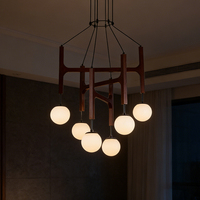 Lustre moderne en bois à 6 globes LED, luminaire suspendu à hauteur réglable pour salon et salle à manger