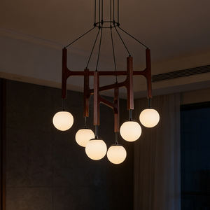 Lustre moderne en bois à 6 globes LED, luminaire suspendu à hauteur réglable <span class=keywords><strong>pour</strong></span> salon et salle à manger - Product Image 1