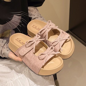 Yellow Suede Slide Sandals <b>Open</b> Toe Flat Heel Platform Comfortable Summer Women's <b>Shoes</b> with Bow Decoration - Product Image 3