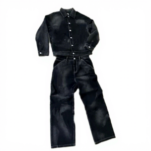 Custom Unisex Denim Set Solid Color Casual Breathable Eco-Friendly Full Length Button up Jacket <b>Pants</b> Autumn Wear Regular Fit - Product Image 1