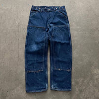 Celana Kerja Kanvas Double Knee Vintage Distressed Duck TOPSHOW untuk Pria, Celana Cargo Carpenter Denim Robek dan Dicuci Gaya Streetwear