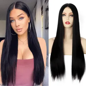 Avrupa ve amerika'da Amazon peruk patlama modelleri kızlar orta bölünmüş düz saç afrika peruk uzun saç kimyasal elyaf kaput peruk