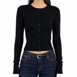 <span class=keywords><strong>Cardigan</strong></span> in Maglia a Maniche Lunghe da Donna Personalizzato OEM, Tinta Unita, Collo Rotondo, Bottoni Frontali, Vestibilità Slim, in Nylon e <span class=keywords><strong>Cotone</strong></span> - Product Image 1
