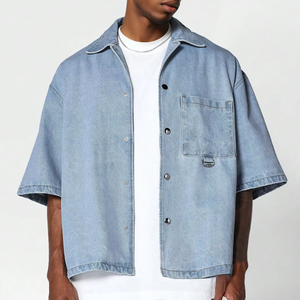 Camicie in Denim a forma squadrata da uomo personalizzate maniche corte antirughe con bottone camicie di <span class=keywords><strong>jeans</strong></span> - Product Image 1