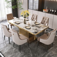 Ensemble de table et chaises de salle à manger au design nordique simple, 6 places, base en métal doré, plateau en marbre, mobilier moderne