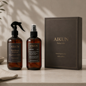สเปรย์ปรับอากาศกลิ่นหอมติดทนนาน Aikun Low MOQ ขวด PET สีเหลืองอำพันทรงกลม ขนาด 500 มล. 250 มล. พร้อมฉลากกาวแบบกำหนดเอง บรรจุในกล่องสีน้ำตาล เหมาะสำหรับร้านขายของขวัญ - Product Image 1