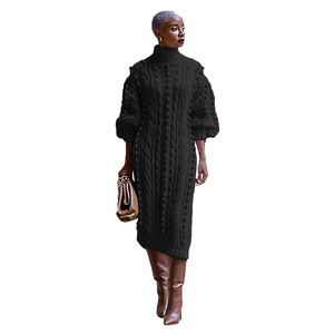 Fabricantes de prendas de punto de invierno Vestido de suéter delgado de manga larga de cuello alto personalizado Vestido de punto ajustado de costilla larga informal para mujer - Product Image 5