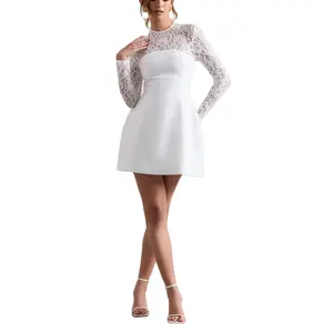 2024 New Trend Women Vestido Custom Long Sleeve Turtleneck White Floral Lace Evening Dresses Elegant A Line Party Mini Dress