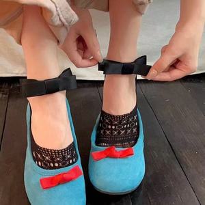Lace Trimmed Bow Low Cut Invisible <b>Socks</b> Women Breathable Cotton Boat <b>Socks</b> Solid Color <b>Black</b> Beige Youth 18-40 Years Old - Product Image 2