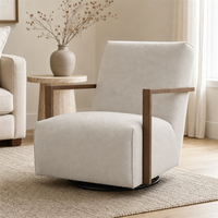 Fauteuil pivotant rembourré avec accoudoirs en bois ouvert et base métallique, chaise de salon rotative à 360° pour chambre à coucher