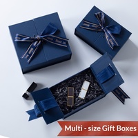 Caja de Regalo de Lujo Azul Marino con Doble Puerta y Lazo de Cinta, Logotipo Personalizado, Papel Kraft, para Cosméticos y Joyería