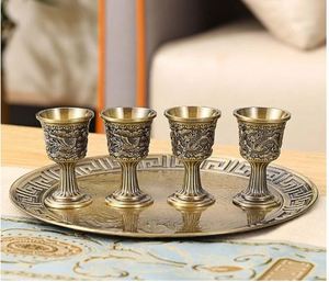 Juego de cafetera Dallah de latón vintage con 4 tazas y bandeja, artículos de bebida tradicionales grabados para el hogar y la comedor - Product Image 2