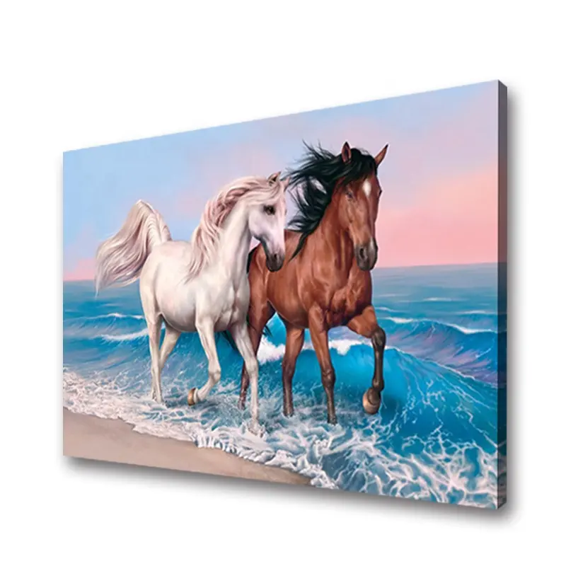 Wall Decor White And Brown Horses Running On Seaside Canvas Art Painting For Living Room