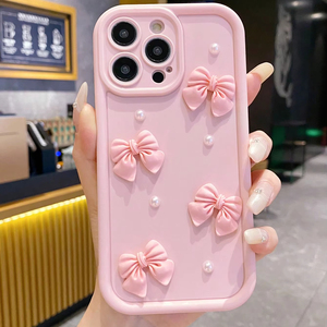 Nouvelle <span class=keywords><strong>coque</strong></span> <span class=keywords><strong>de</strong></span> <span class=keywords><strong>téléphone</strong></span> 3D rose avec nœud et perles pour <span class=keywords><strong>iPhone</strong></span> 16 17 Pro Max 14 13 12 11, couleur bonbon, pailletée, givrée, avec dos en échelle - Product Image 1