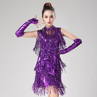 Robe de danse latine à col haut avec franges de paillettes et longues manches, sans manches, pour compétition de tango et salsa, costume de performance, uniforme de danse