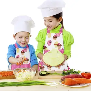 Grosir kustom Logo anak-anak celemek anak-anak mode saku topi koki dan pinggang dapur anak celemek anak-anak