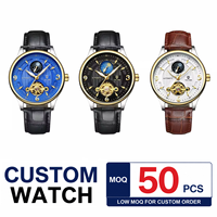 Montre mécanique automatique pour homme TEVISE T820B personnalisée, bracelet en cuir, phase lunaire, tourbillon, luminescente, étanche, montre de luxe pour affaires