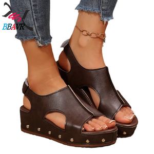 Sandalias de Plataforma con Cuña para Mujer, de Cuero PU, Punta Abierta, Estilo Slingback, Casuales de Verano, Venta al Por Mayor de Fábrica - Product Image 5