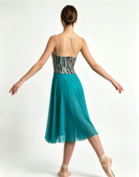 Robe de danse moderne pour femmes, corsage brodé de paillettes, dos en maille nude, jupe midi évidée, costume de spectacle de danse