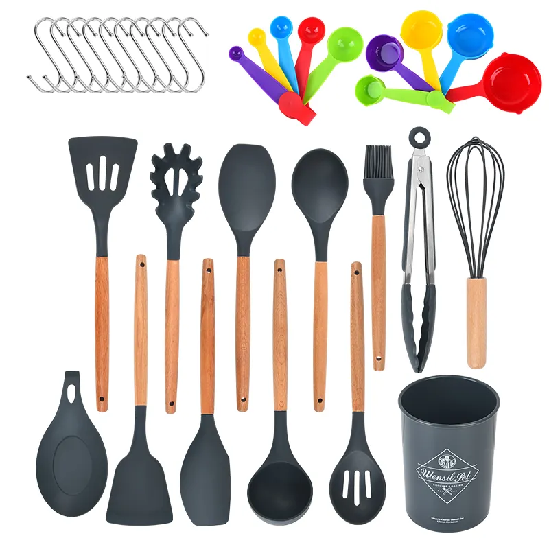 Wooden handle kitchen set 33 pieces silicone cooking set with storage bucket heat resistant silicone scraper spoon kitchen set